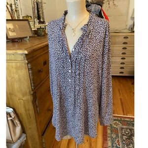 LOFT Floral Print Ruffle Collar Long Sleeve Tunic Burgundy White Size L